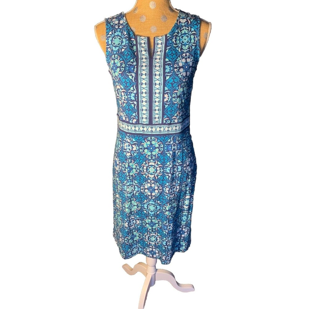 Talbots Blue Moroccan Tile Medallion Dress Print Sheath Small Beach Comfort